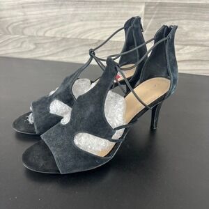 Tahari Dara Strappy Sandals Women's Size 8.5M Black Suede‎ Open-Toe Zip Up Heels